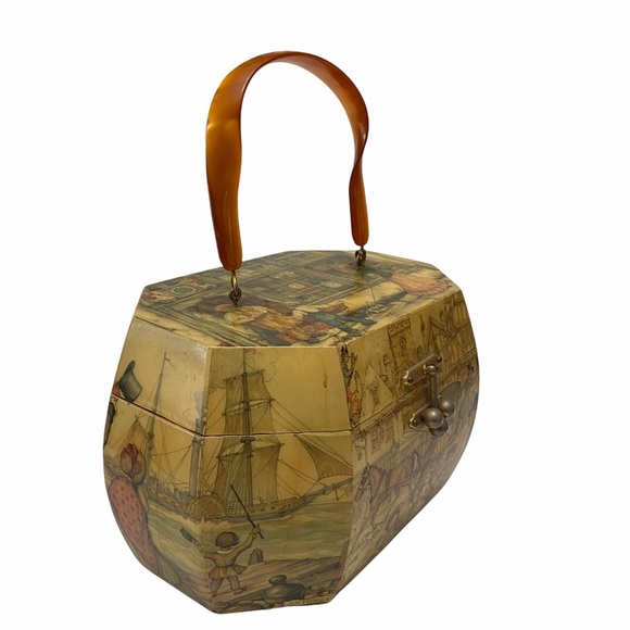 Vintage 1970s Anton Pieck Street Scene Decoupage Wood Box Lucite Purse Handbag - Picture 2 of 13